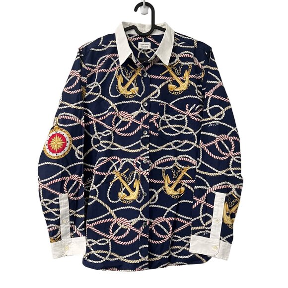 Marie Marot J Crew Blue Nautical Rope Anchor Long Sleeve Button Shirt Womens 6 - Picture 1 of 8